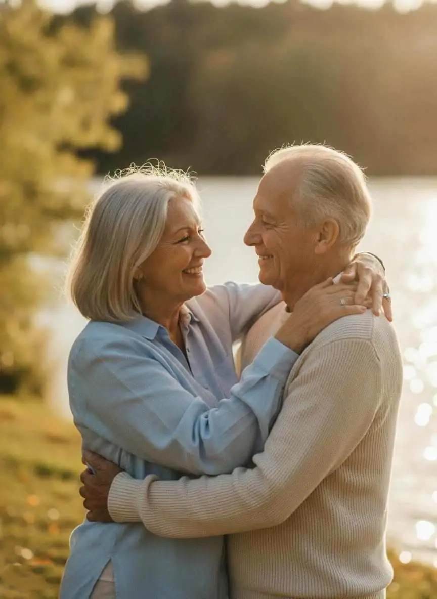 Happy mature couple embracing by a lakeside, representing the meaningful connections Silver Singles Canada helps create