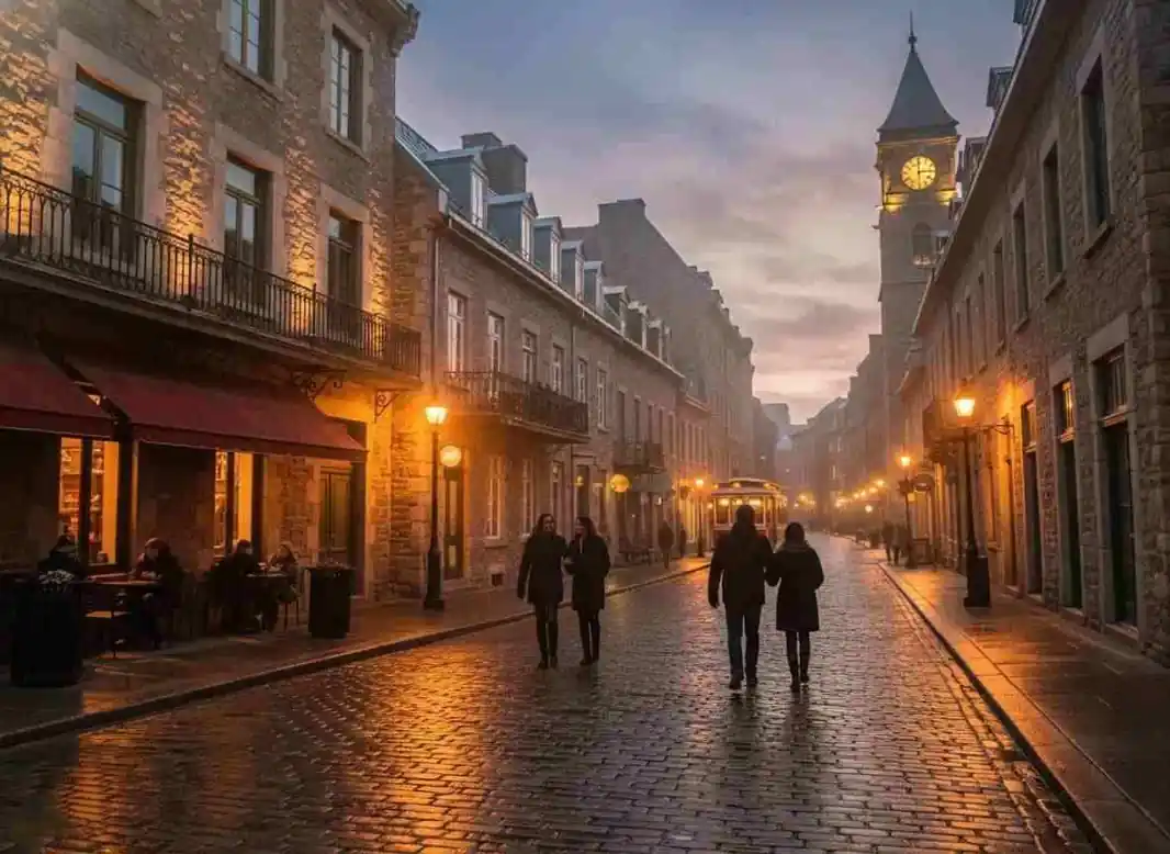 Historic cobblestone streets of Old Montreal at dusk, representing romantic senior dating opportunities