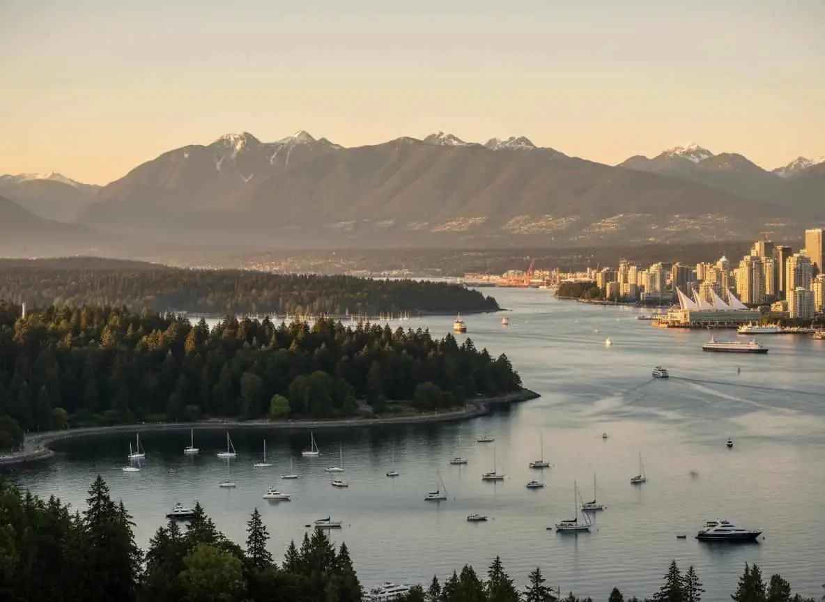 Vancouver harbour with Stanley Park and mountains, representing mature dating on the West Coast