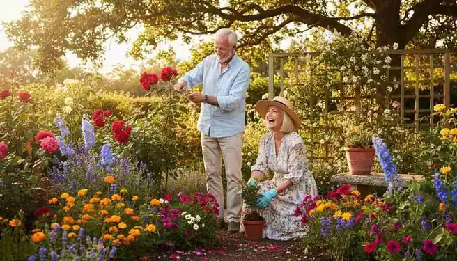 Happy couple gardening together, showing authentic shared interests
