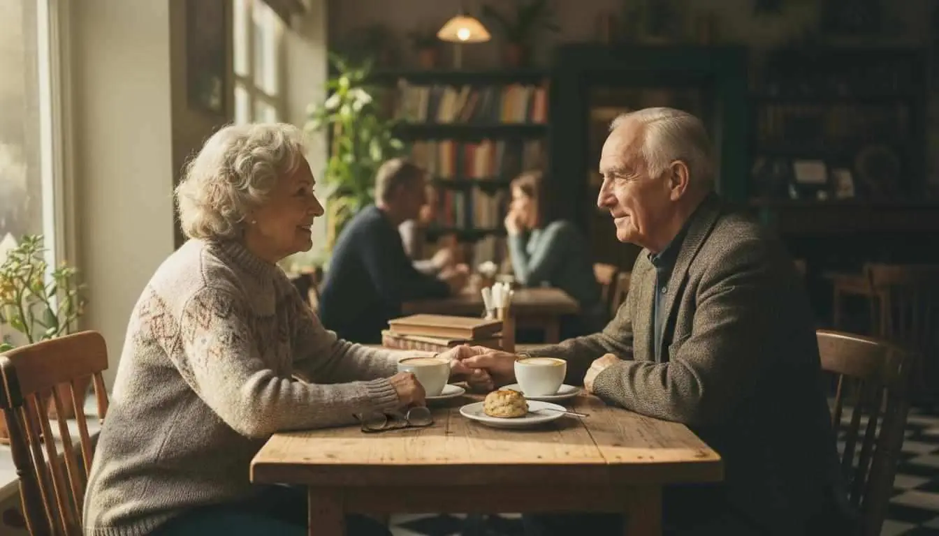 Senior couple enjoying coffee at a cozy cafe, a perfect first date setting
