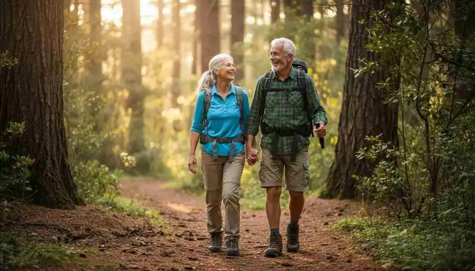 Active mature couple walking together, representing new beginnings after divorce
